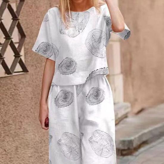 Women Fashion Printed 2-Piece Lounge Set Short Sleeve T-Shirt & Wide-Leg Pants Lightweight Breathable Spring Summer Autumn Suit for Casual Daily Wear