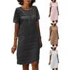 Women Casual Summer Loose Cotton Linen Mini Short Sleeve Round Neck Lace Sundress Beach Short Dresses