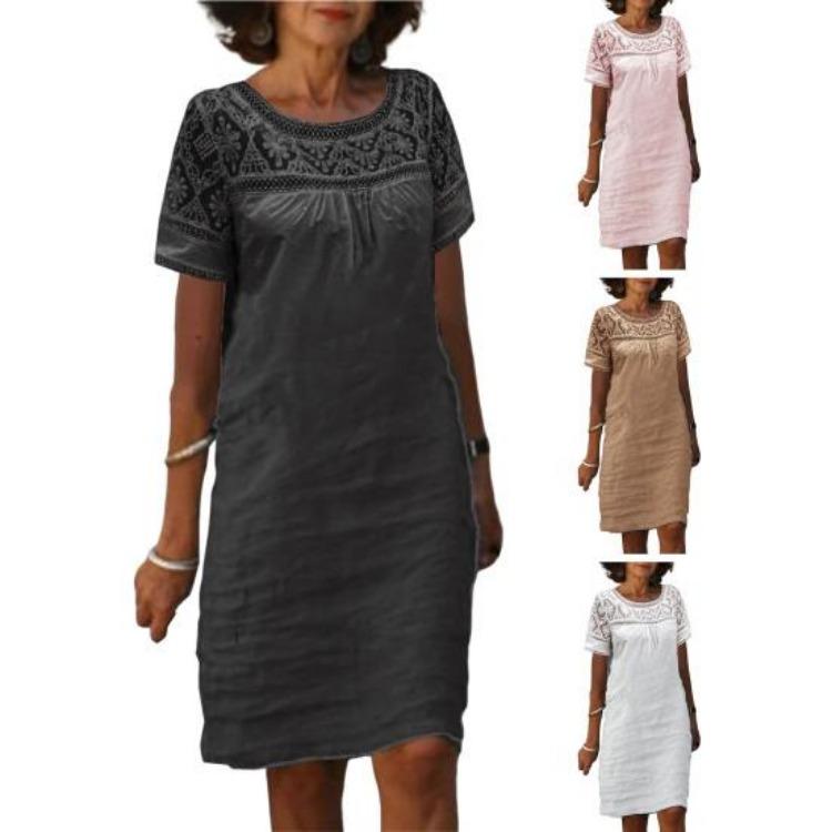 Women Casual Summer Loose Cotton Linen Mini Short Sleeve Round Neck Lace Sundress Beach Short Dresses