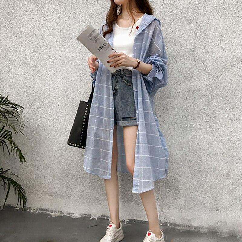 Women Hooded Blouses Loose Long Plaid Blouse Single-breasted Shirts