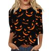 Women's Casual 3/4 Sleeve Crew Neck Top Halloween Themed Print Lightweight Pullover Blouse for Everyday Wear