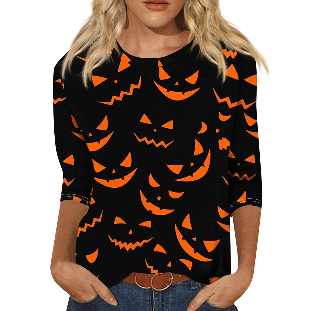 Women's Casual 3/4 Sleeve Crew Neck Top Halloween Themed Print Lightweight Pullover Blouse for Everyday Wear