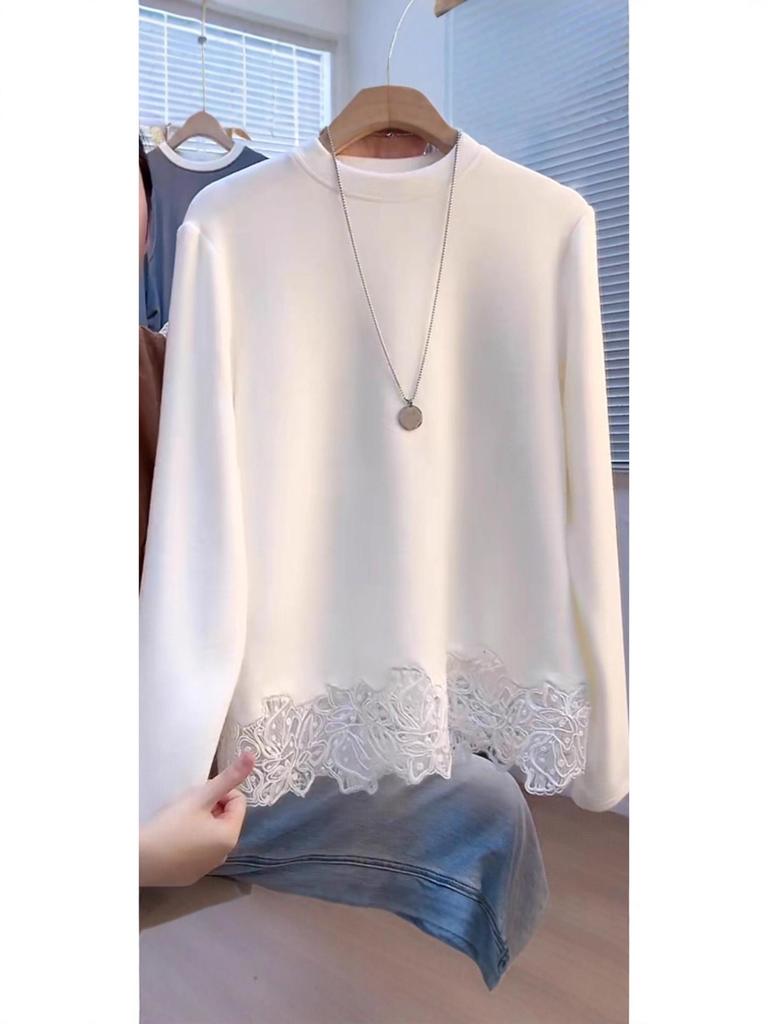 Korean-Style Lace Splicing Thermal T-Shirt: Comfortable Women's White Base Layer Top