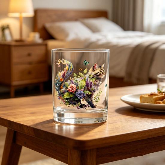 Cute Cat Floral Glass, Juice Coffee Cup, Milk Tea Glass Mug, Artistic Whiskey Coffee Mug for Home Bar, Gift for Cat Lovers