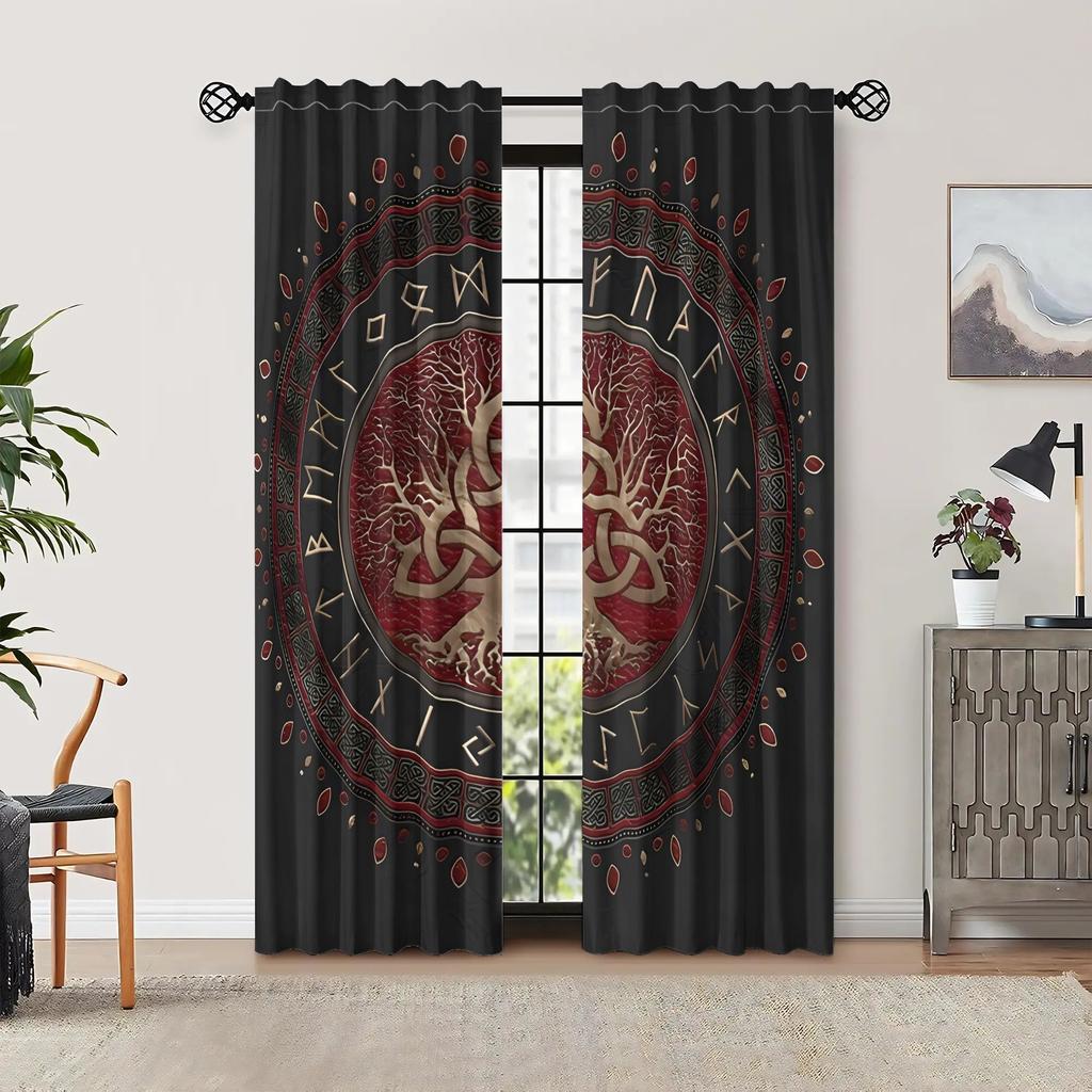 2pcs Viking Curtains – Deep Red Nordic Rune Design   Blackout Privacy Panels for Living Room & Bedroom – Medieval Home Decor