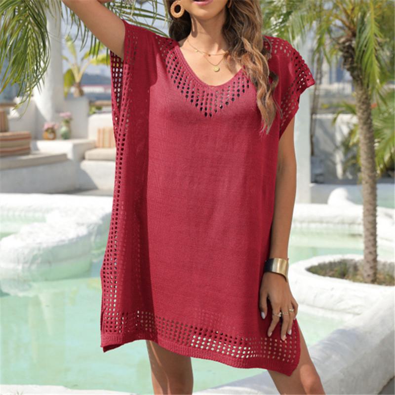 Summer V-Neck Hollow Out Splice Loose Women's Dress Beach Vacation Fairy Tale Beach Skirt