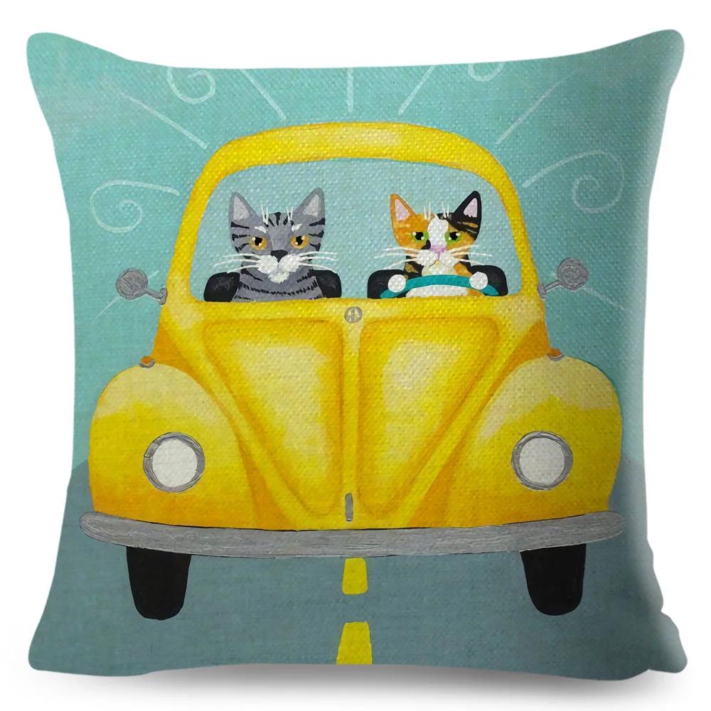 Cartoon Driving Car Cat Cushion Cover Decor Cute Pet Animal Pillowcase Polyester Pillow Case for Sofa Home Children Room 45x45cm