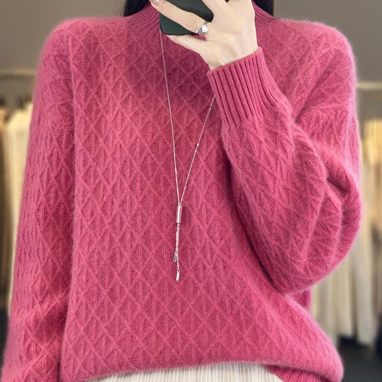 

Осінь-зима. Жіночий пуловер з ромбовидною решіткою, потовщений светр, одяг із мериносової вовни, кашеміровий трикотаж, жіночий топ One Size рожевий червоний колір