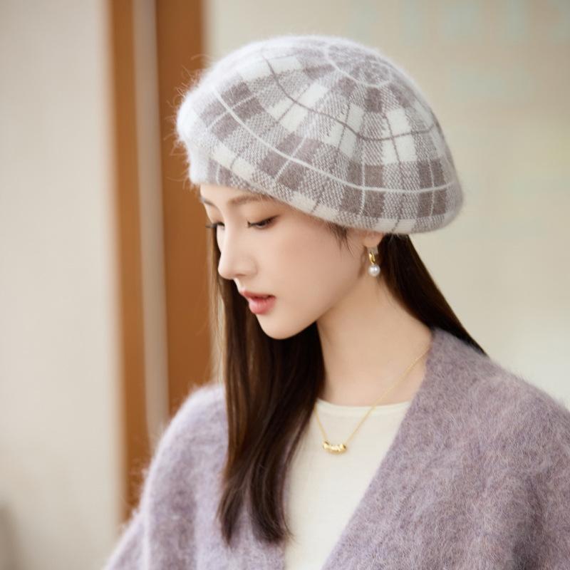 Winter Hat Women's Windproof Painter Hat Plaid Striped Beret Fashion Thermal Hat Hat for Women, Autumn Winter Versatile Warm Cold Weather Cap