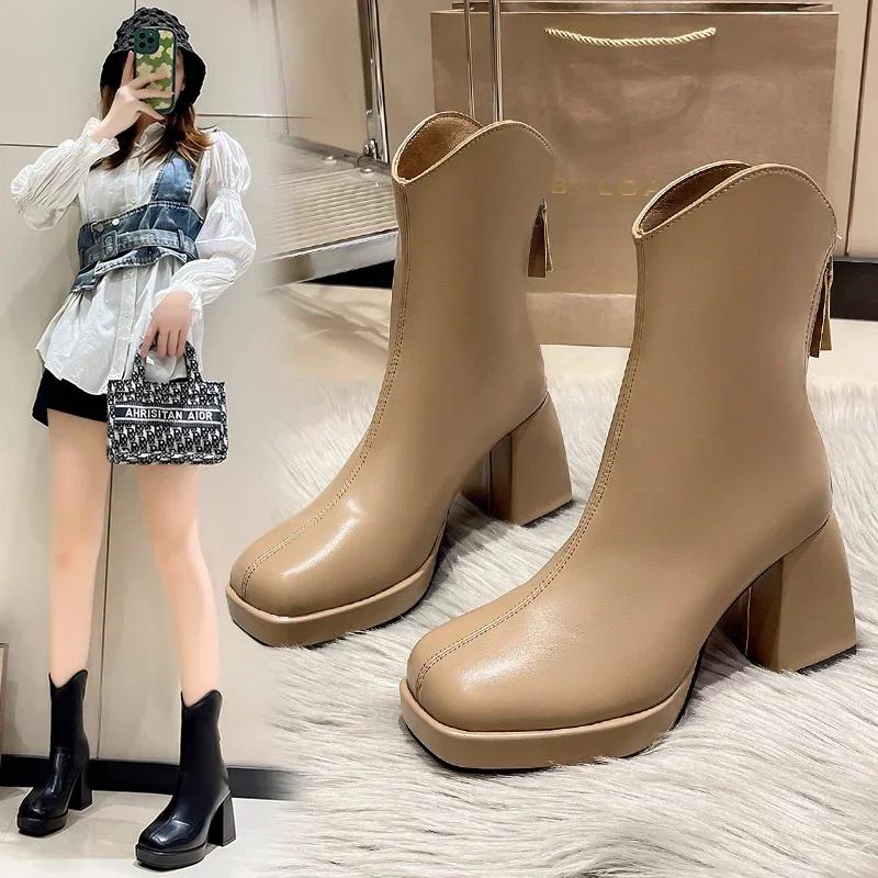 British Style Square Toe Ankle Boots for Women Winter Back Zipper Thick High Heel Chelsea Boot Office Shoes Platform Botas Mujer