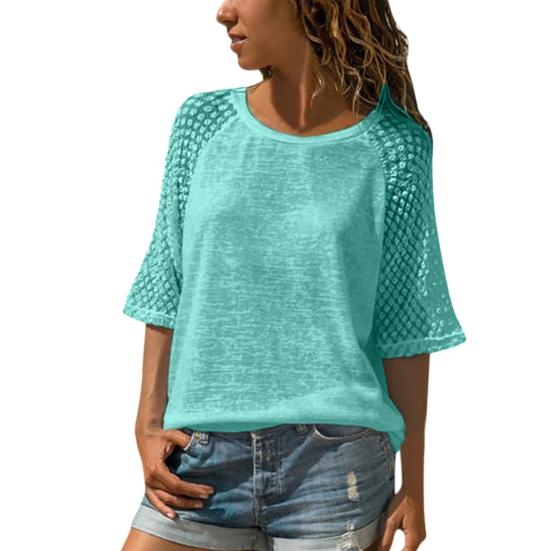 Women Tops Lightweight Breathable Mesh Design Loose Fit Sleeve Splicing Round Neck 46085 Sleeve Summer Casual XL