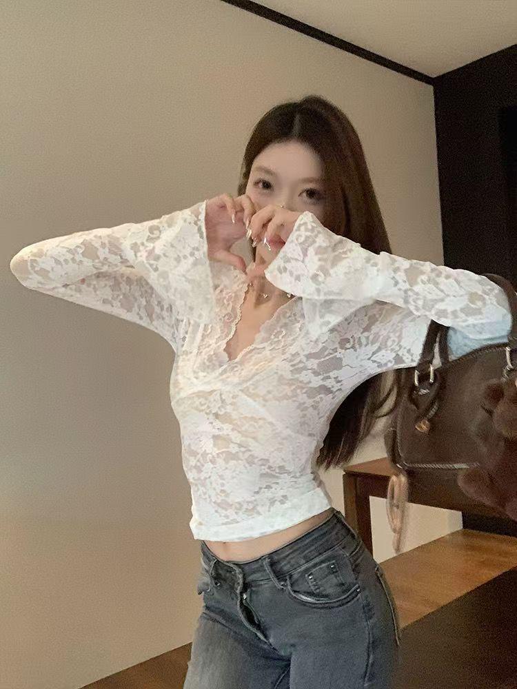 In-Stock V-Neck Lace Long-Sleeve Shirt - Autumn New Style Hot Girl Fit