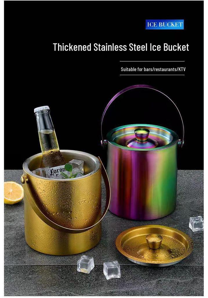 ChuanYue Gold Stainless Steel Double Layer Ice Bucket with Lid and Handle - 304 Internet Famous Beer Chiller