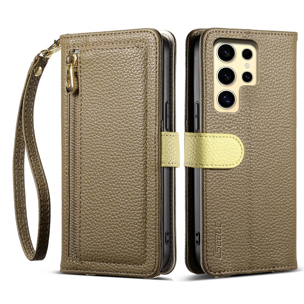 ESEBLE E11 For Samsung Galaxy S23 Ultra Case Zipper Pocket Litchi Texture Leather Phone Cover with Mirror and Wrist Strap