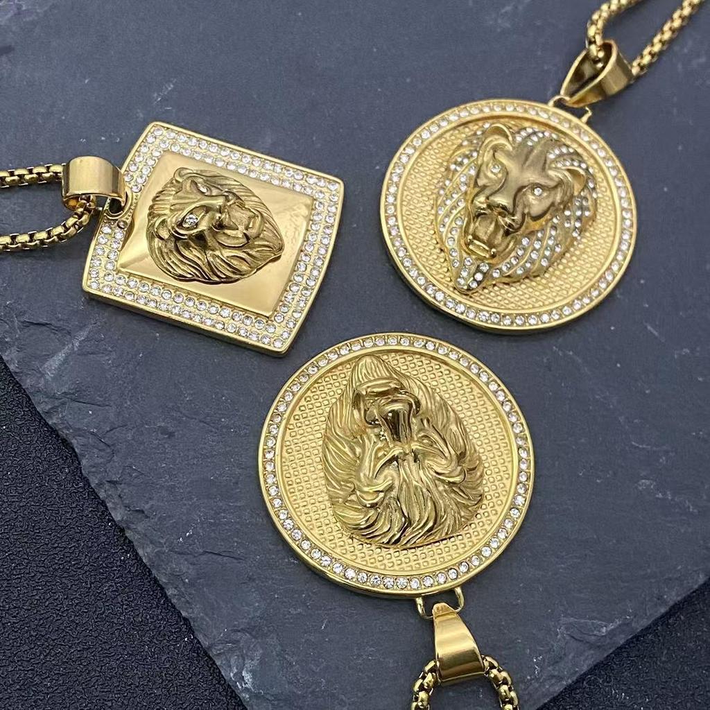 Stainless Steel Rhinestone Lion Head Pendant Hip Hop Necklace