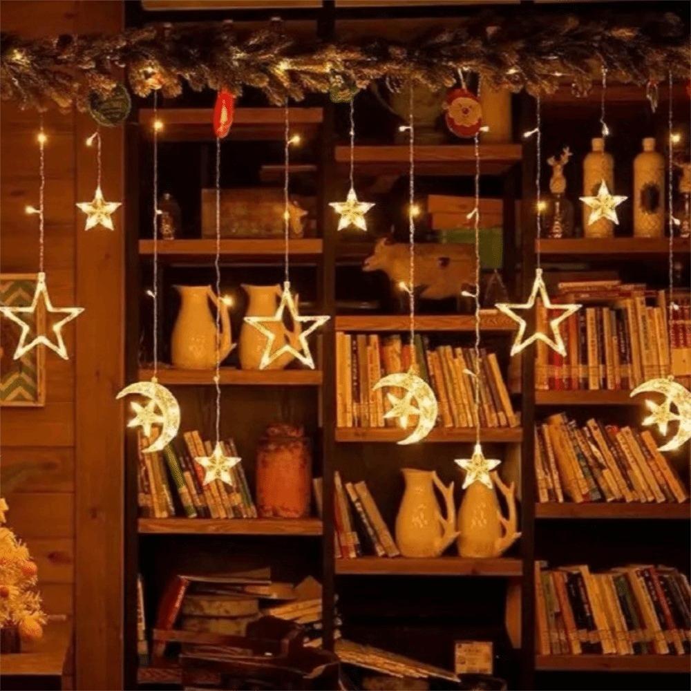 EU Plug LED Curtain Lights 220V Pentagram Star Lights Garden Lamp Moon Star String Lights  Patio