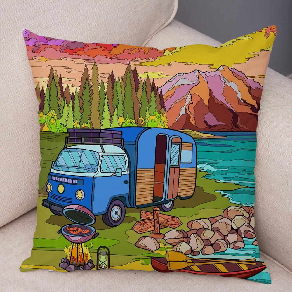 Taie d'oreiller Joyeux Campeur Maison Dessin Animé Voyage Voiture Housse de Coussin Canapé Maison Super Doux 45x45cm