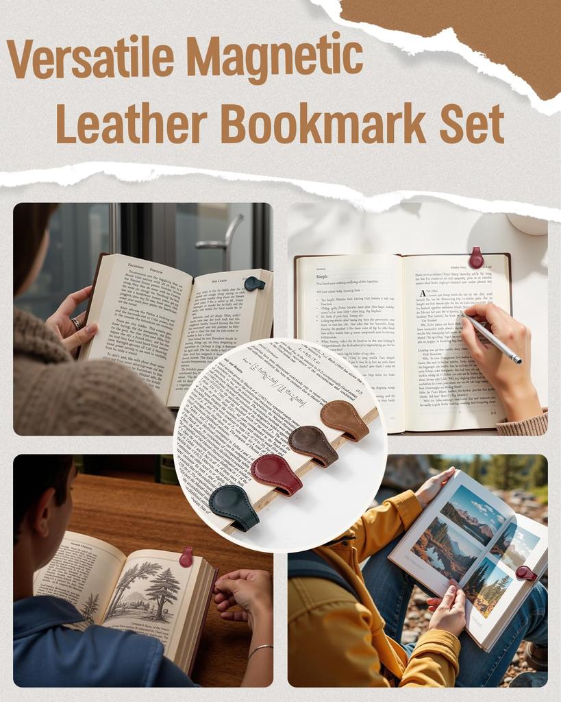 5PCS Vintage-style Magnetic PU Bookmarks and Book Clips, Book Positioning Clips, Suitable for Book Lovers, Teachers, Students
