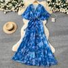 Spring women's dress French high-end strap waist V-neck irregular printed chiffon dress