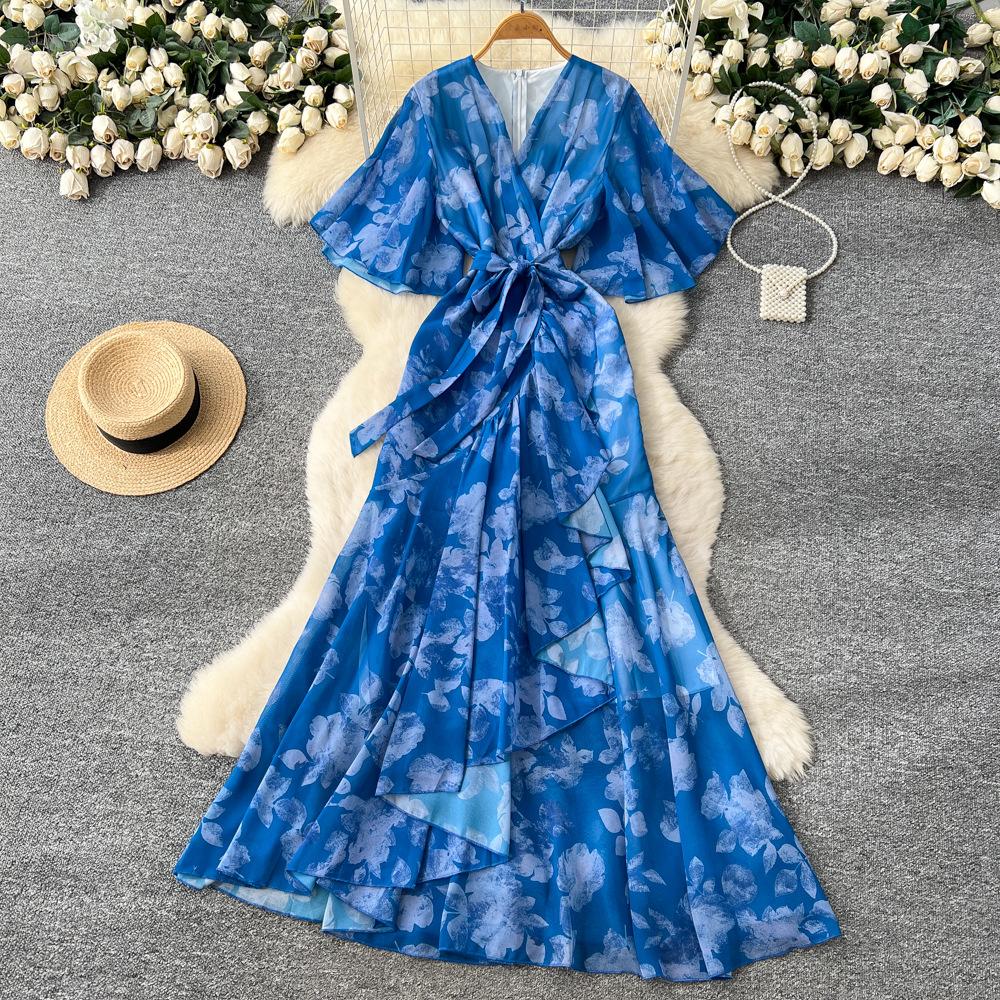 Spring women's dress French high-end strap waist V-neck irregular printed chiffon dress