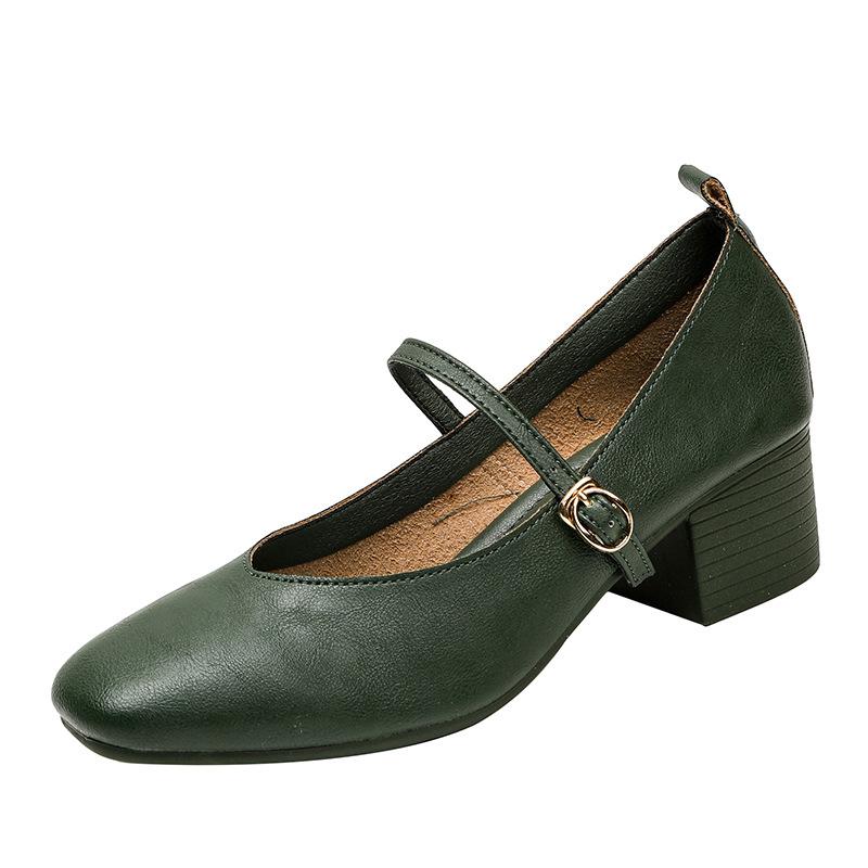 Kožené babičkovské boty na silném podpatku s páskem Mary Jane, francouzská čtvercová špička, dámské boty na středním podpatku, nové jarní a podzimní univerzální dámské boty