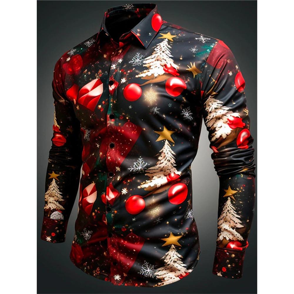Gift Christmas Tree Print Men's Long Sleeve Shirt Urban Street Men's Fashion Christmas Shirt Autumn And Winter Casual Mens Shirt