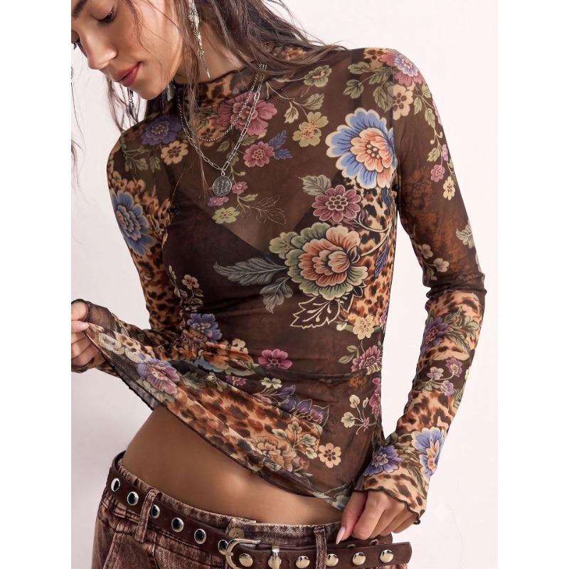 Camiseta de Malla de Manga Larga con Estampado Floral para Mujer, Corte Ajustado