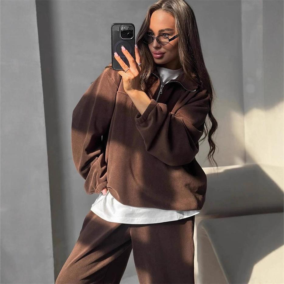 European and American Leisure Sports Suit Solid Color Long-sleeved Half-zipper Lapel Sweater Elastic Wide-leg Pants Two-piece Set Women