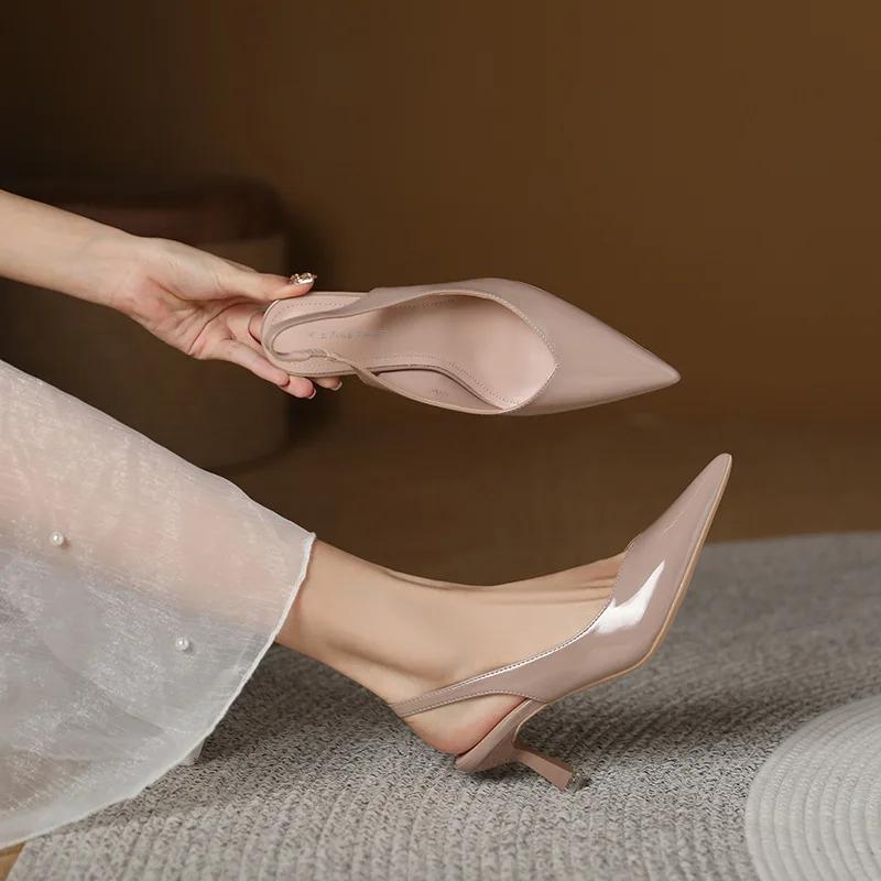 Elegant Slingback High Heels Sandals Woman Rear-Strap Shoes Ladies Office Dress Shiny Leather Pumps Pointed Toe Cut-Out Tacones