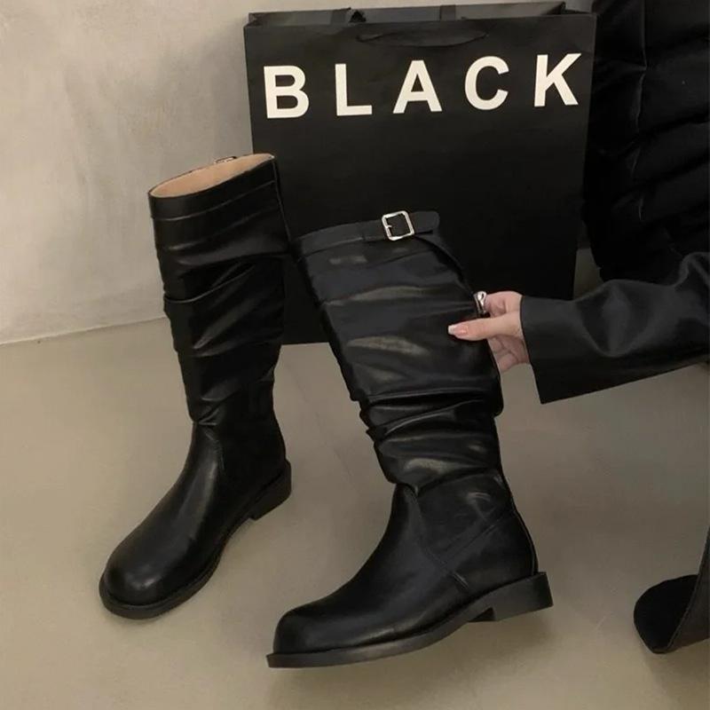 

[Amano] Maillard Western Boots Women s Vintage Pleated Skinny Pile Boots Frosted Suede Flat Bottom Long Boots 35