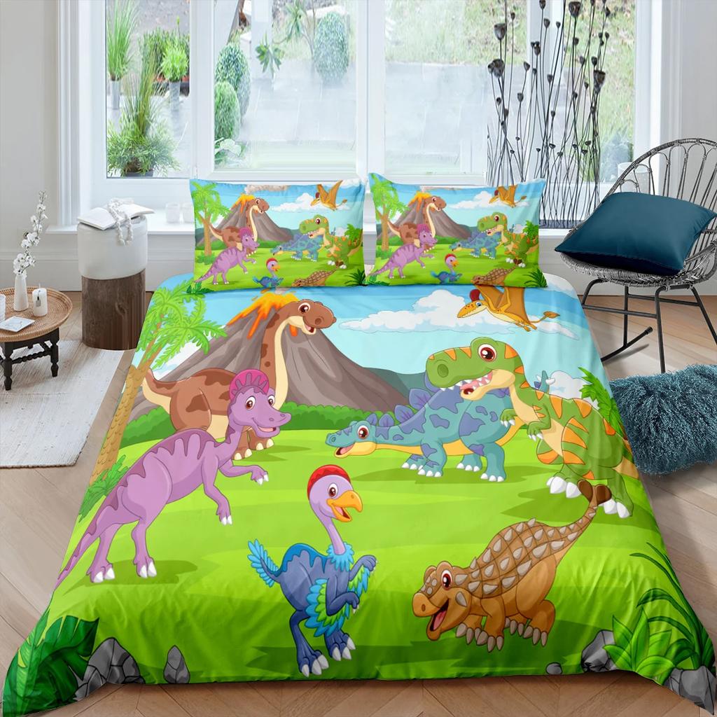 Carton Dinosaur Soft Duvet Cover King Quen Children Kids Jurasic World Stegosaurus Tyranosaurus Beding Set 2/3pcs Polyester Comfortable Quilt Cover