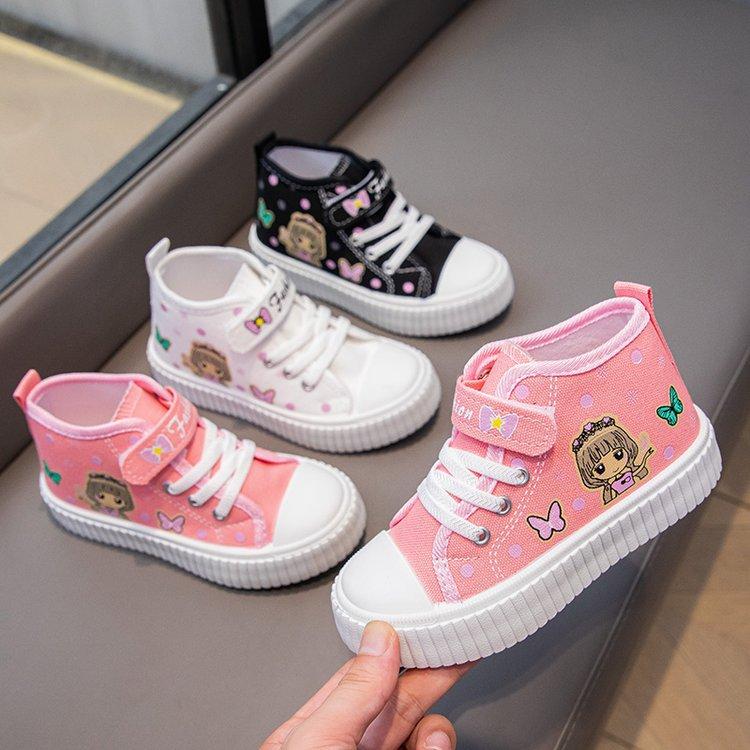 Wow, custom cartoon children's shoes are breathable and comfortable, high-top children's canvas shoes, baby soft-soled Velcro cloth shoes.