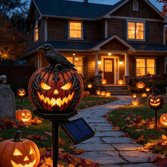 Auto on Off Light Solar Halloween Pumpkin Garden Stake Light, Waterproof Resin LED Outdoor Festival Decor Lantern, Spooky Yard Lighting for Patio Lawn