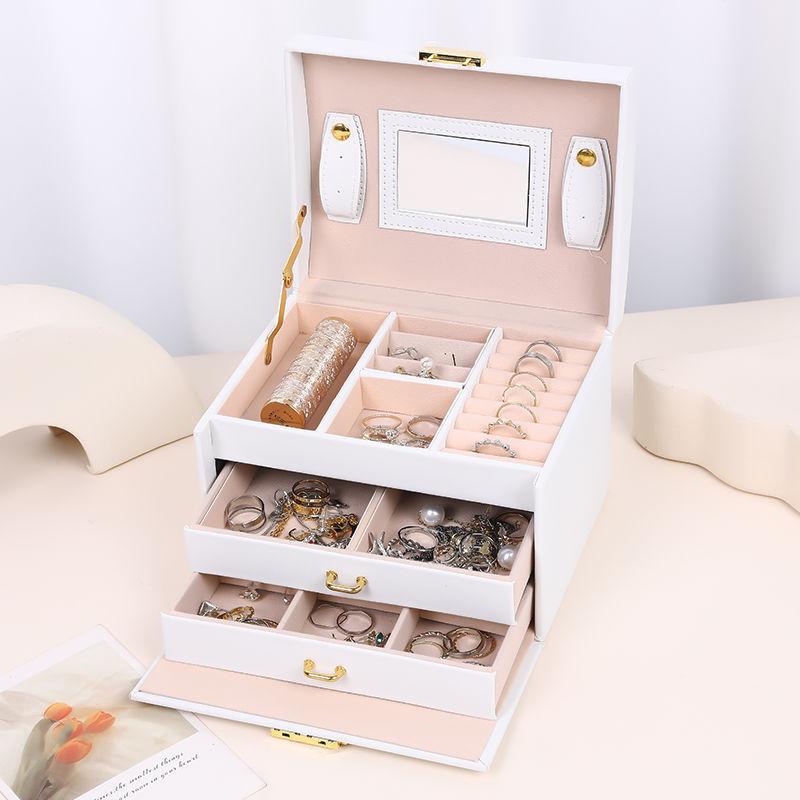PU Leather Three-layer Locking Jewelry Box Handheld Storage Box Simple and Convenient Jewelry Box