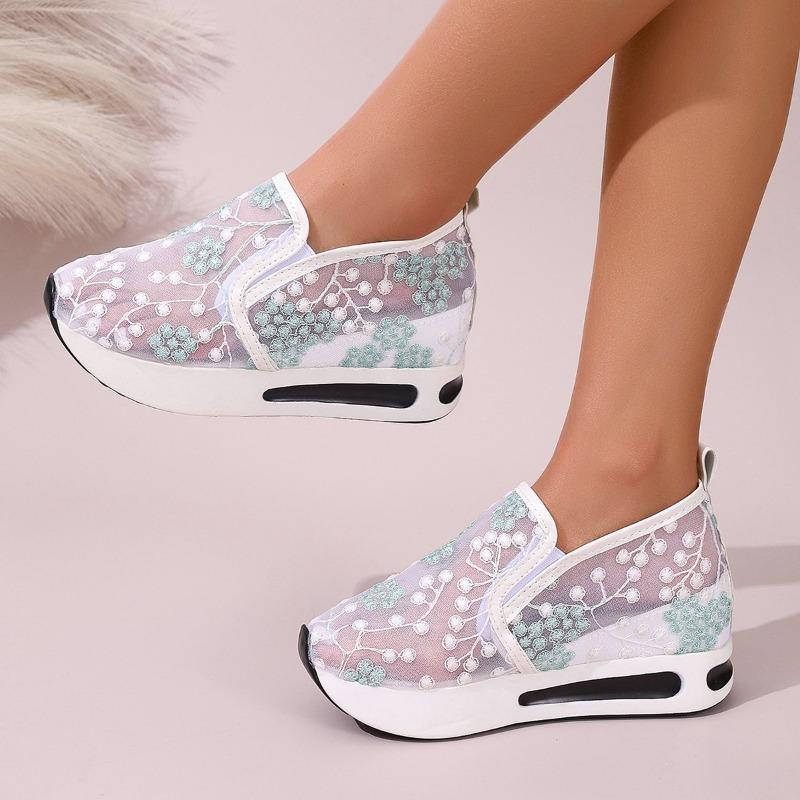 2025 New Women's Sneakers Floral Embroidery Mesh Sneakers for Women Slip On Casual Comfy Heeled Shoes Woman