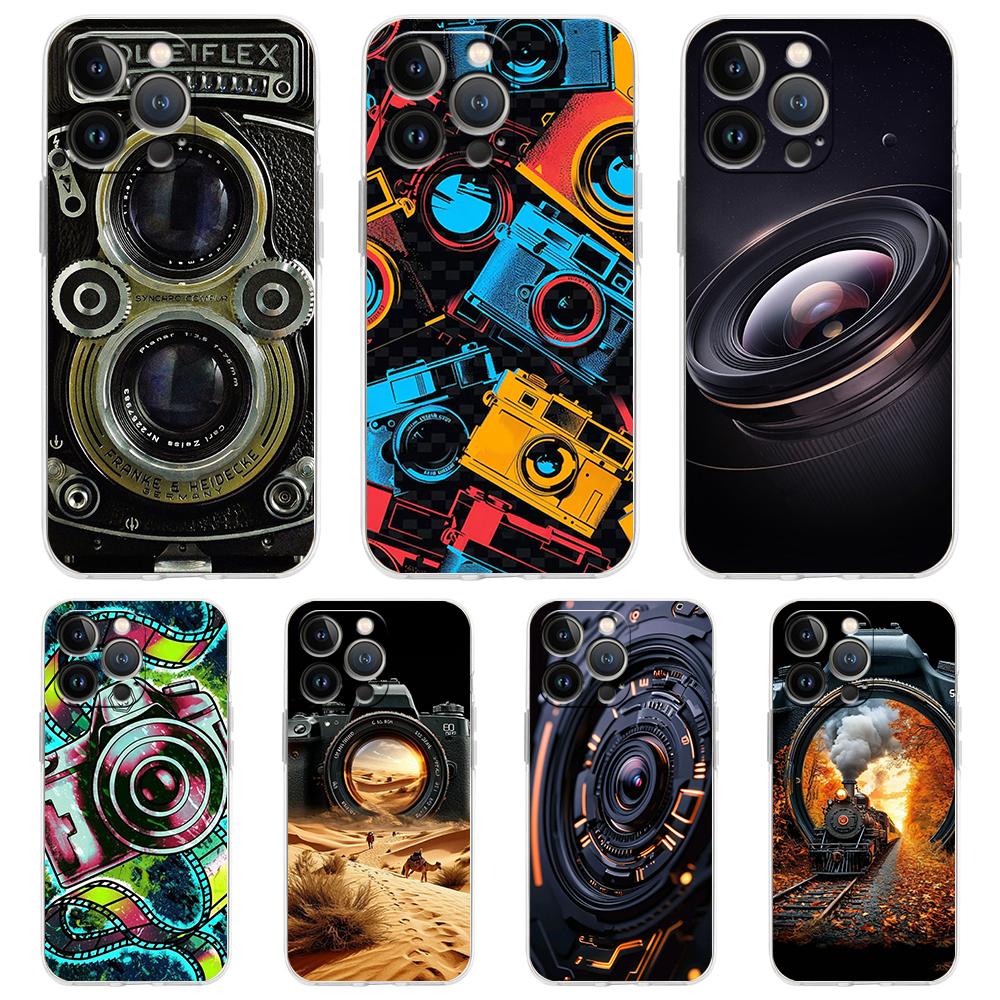 Soft TPU Transparent Phone Case Cover for iPhone 16 15 14 13 12 11 Pro Max XR 8 7 Plus XR Shockproof Shell Retro Camera Pattern