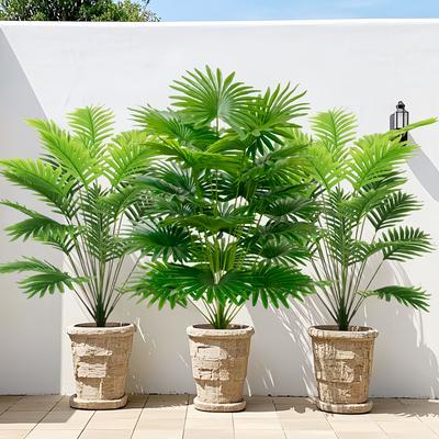48 Leaves 3 Outdoor Artificial Green Plants,  Large Artificial Palm Tree Tropical Plants Fake Palm Leaves Plastic Monstera Branch for Home Decor