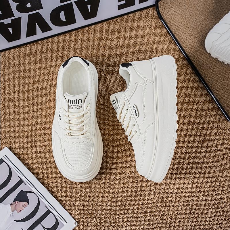 CRLAYDK Klassische Damen-Plateau-Sneakers Lässig Skateboard Walking Low Top Schuhe Damen PU-Leder Weiß Höhenerhöhung Tennis