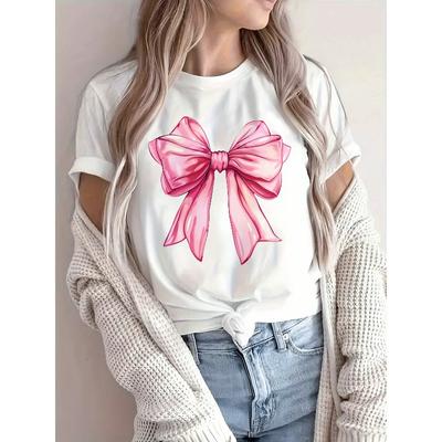 Europäische Größe Damen Casual Kurzarm-T-Shirt mit elegantem rosa Schleifen-Grafikdruck - Atmungsaktives Rundhals-Oberteil, Halbtransparent