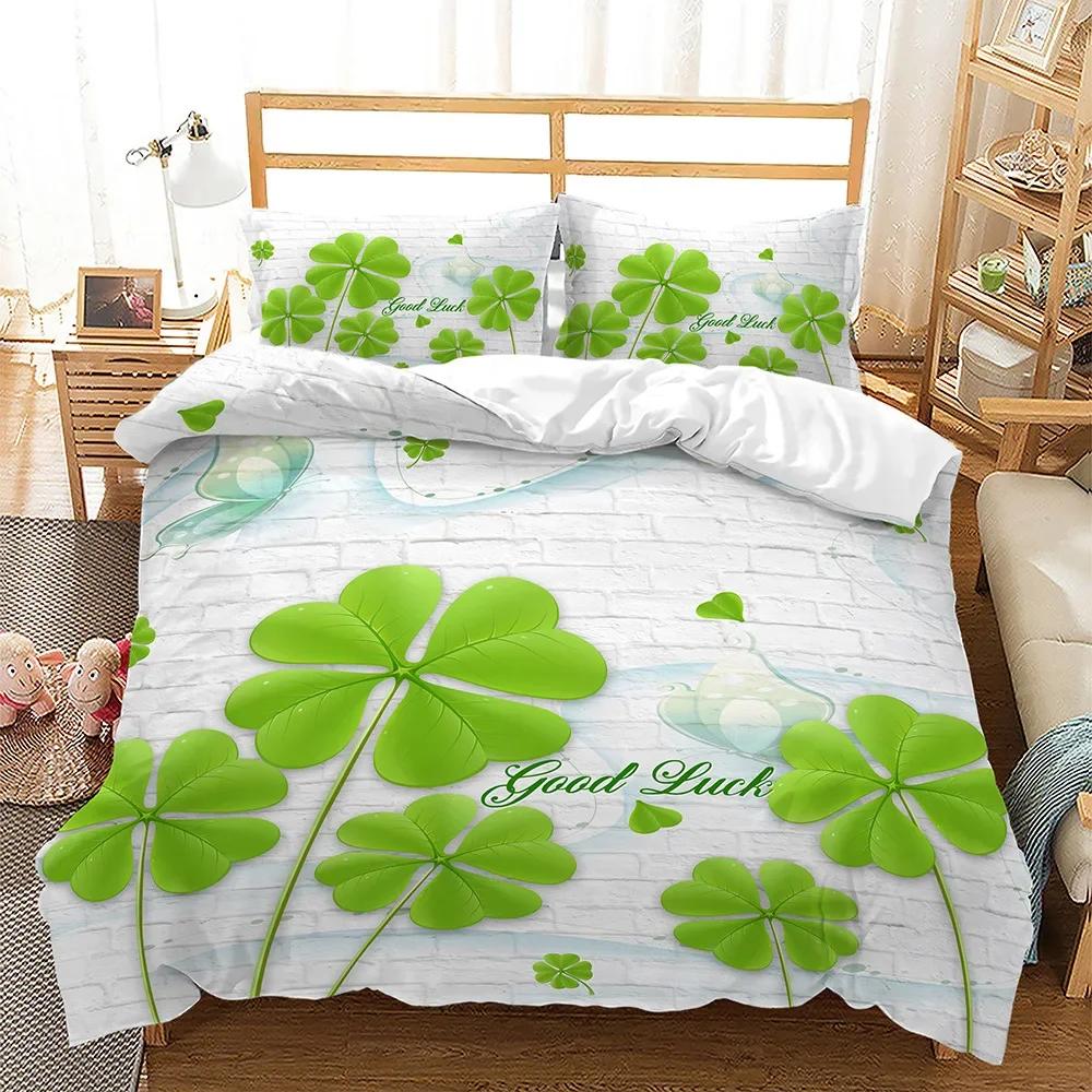Lucky Green Leaves Four Leaf Shamrock Clover Comfortable Duvet Quilt Cover Pillowcase Bedding Set Children Bedroom Home Textile