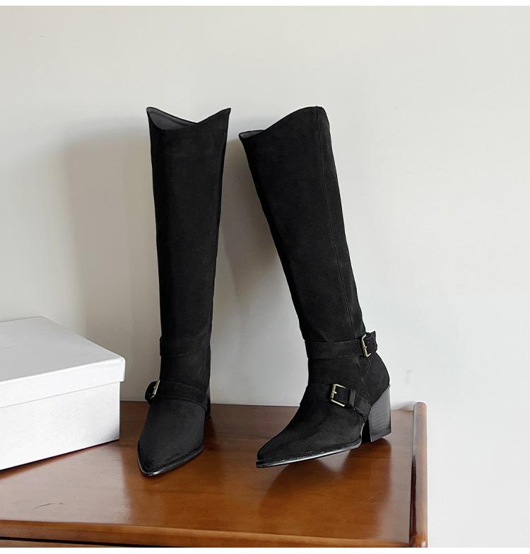 2025 New V-port Belt Buckle Thick-soled Long Knight Boots Women's Retro Pointed Suede Thick-heeled Denim High Boots