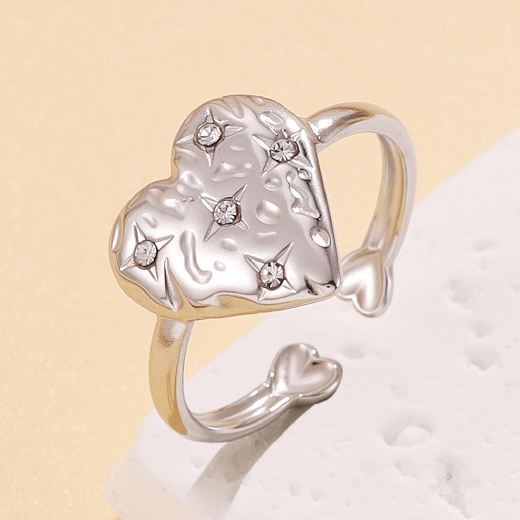 Stainless Steel Heart Ring with Rhinestone and Irregular Texture - Sweet Academy Style for Women