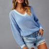 Women's V-neck Striped Colour Blocking Loose Casual Hollow Out Long Sleeve Knit Sweater Sweater Women Blend Comfortable Undercoat Long Sleeves Sweater
