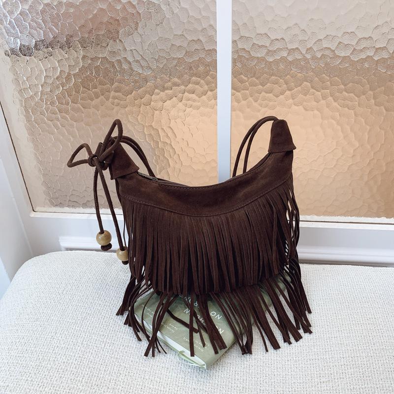 New fashion fringed bag retro women's bucket bag texture commuting shoulder women's bag armpit bag