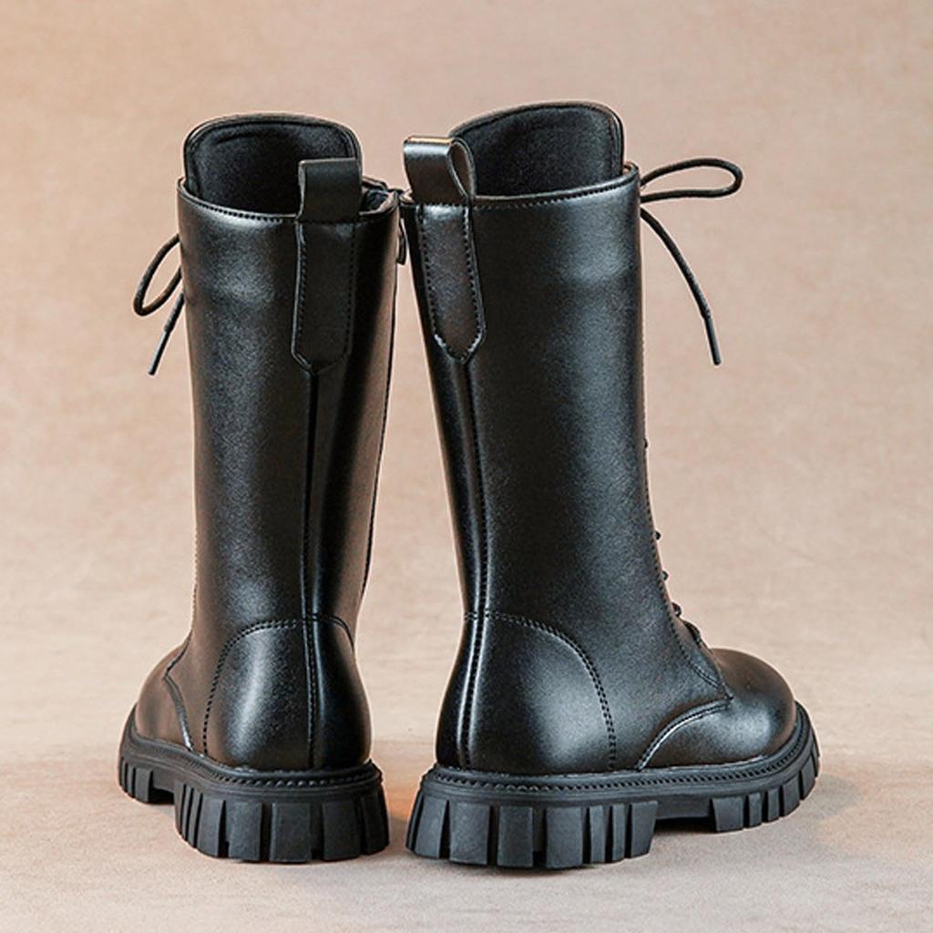 Autumn/Winter ZIP Fashion Cool Baby Girls Warm Square Heel Round Toe Casual Lace-Up Comfortable Kids Black Mid Boots