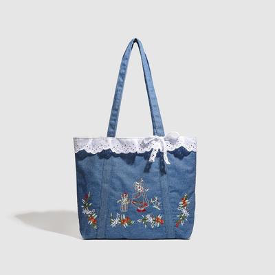 Artistic, Retro and Sweet Lace Patchwork Embroidery Single-shoulder Denim Handbag