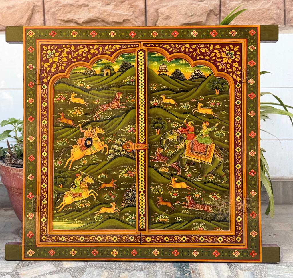 Handmade Wooden Jharokha Wall Hanging: Royal Hunting Scene, Festival Decor Frame