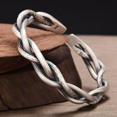 Vintage Mens Jewellery Woven Twist Texture Bracelet Bangles for Women Men Thai Silver Statement Bracelet Punk Party Jewelry Gift