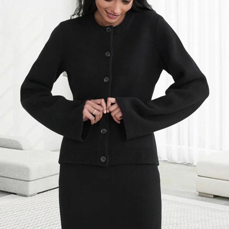 Dámská prémiová pevná svetr bunda Elegantní móda Vysoký pas Tenký svetr Cardigan kulatý výstřih Volný Dlouhý rukáv Knoflík Cardigan Kabát s kapsami