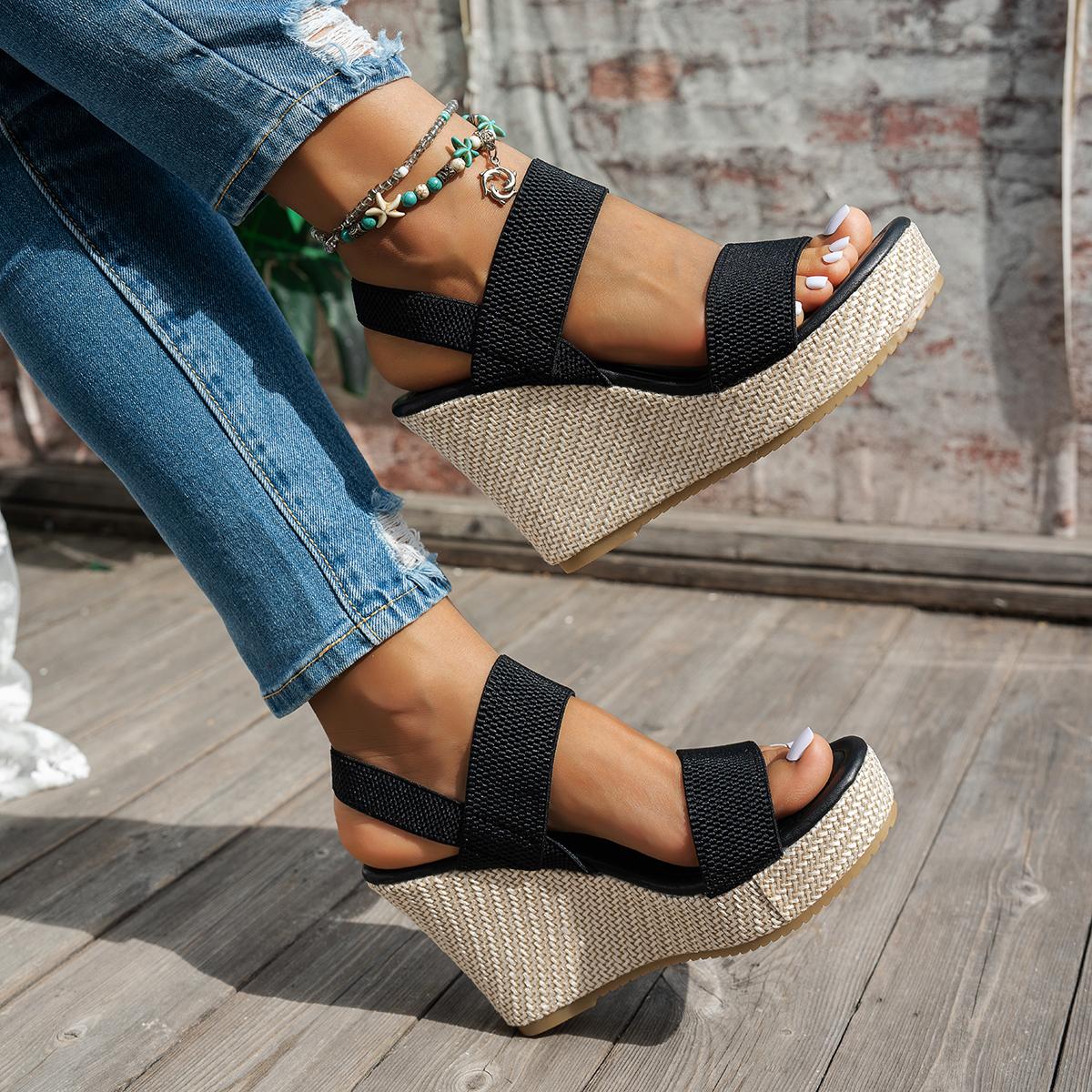 

Summer Round Toe Shallow Mouth Solid Color Wedge Heel Thick Soled Sandals Fashionable New Open Toed Women s Outdoor Shoes 35 чорний